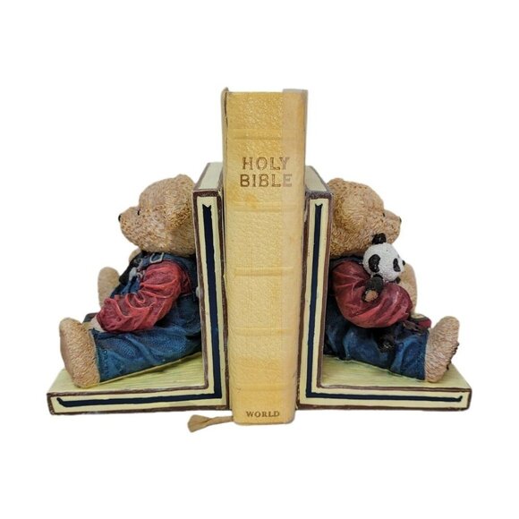 Blue Jean Teddy Bear Bookends Hand Painted Heavy Resin Decor Nursery Y2K Cute!! - Picture 3 of 8